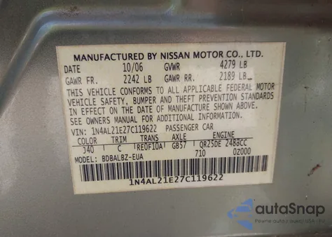 2007 Nissan Altima 2.5 S z USA, uszkodzony, nr VIN 1N4AL21E27C119622